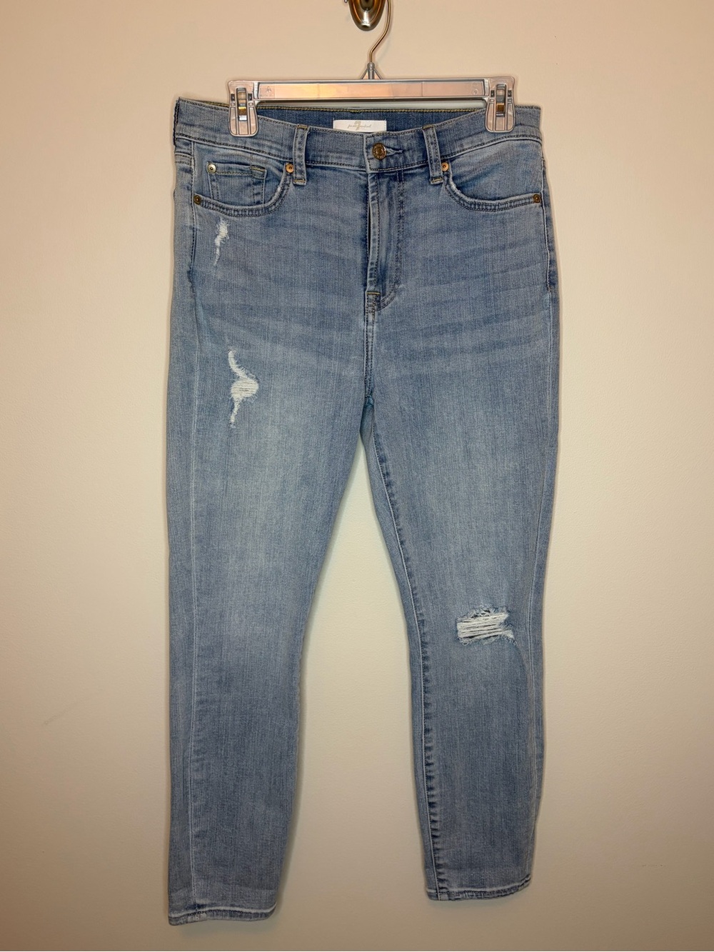 7 For All Mankind Light Blue Skinny Jeans with Distressed Detail 30”